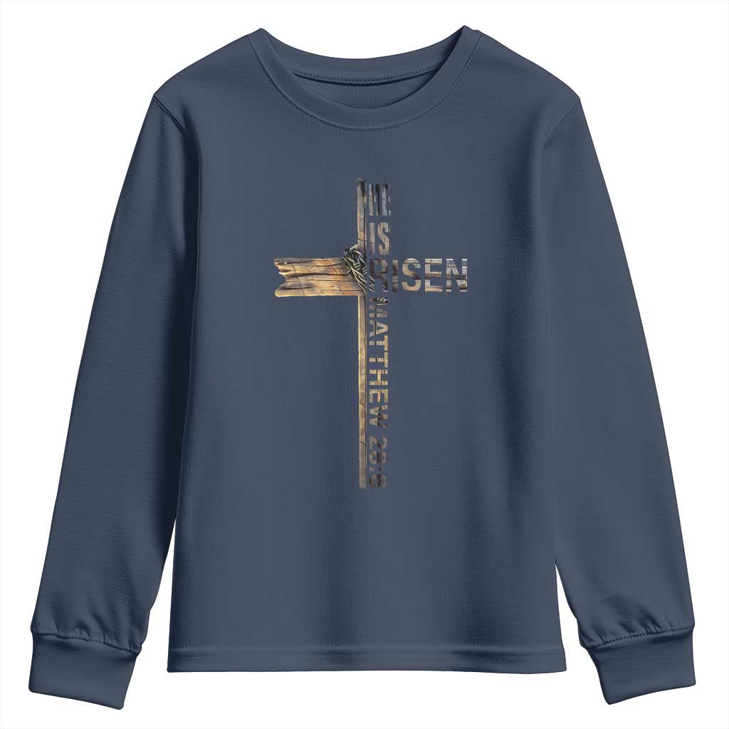 He is Risen Youth Sweatshirt Religious Easter Cross Jesus Christian TS10 Navy Print Your Wear