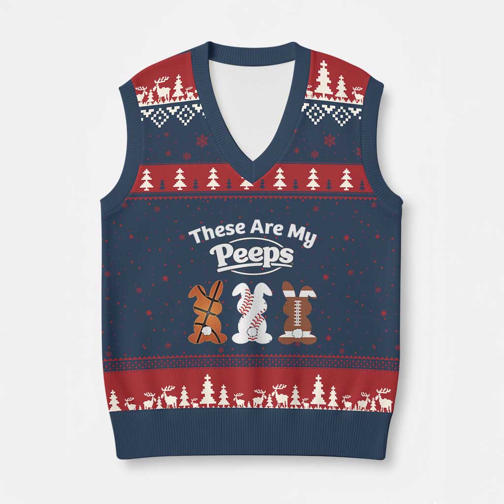 Baseball Basketball Football Easter V-Neck Knit Sweater Vest Cute Bunny Game Day Sports These Are My Peeps TS10 Navy Red Print Your Wear
