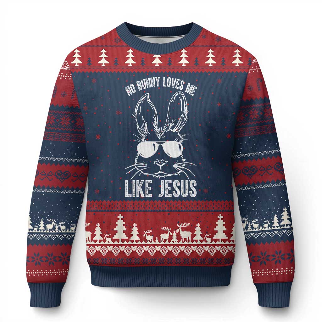Funny Christian Easter Ugly Christmas Sweater No Bunny Loves Me Like Jesus Retro Bunny TS10 Navy Red Print Your Wear