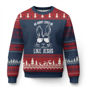 Funny Christian Easter Ugly Christmas Sweater No Bunny Loves Me Like Jesus Retro Bunny TS10 Navy Red Print Your Wear
