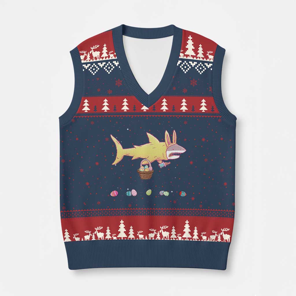 Funny Shark Easter V-Neck Knit Sweater Vest Cute Bunny Ears Eggs Hunting Teens Boys Kids TS10 Navy Red Print Your Wear