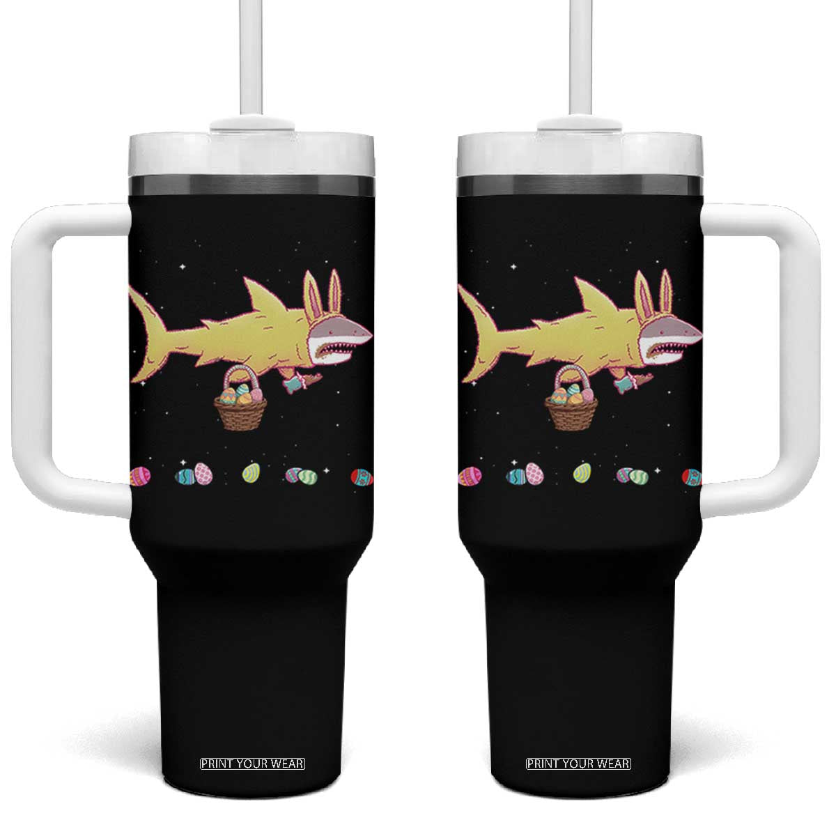 Funny Shark Easter Tumbler With Handle Cute Bunny Ears Eggs Hunting Teens Boys Kids TS10 One Size: 40 oz Black Print Your Wear