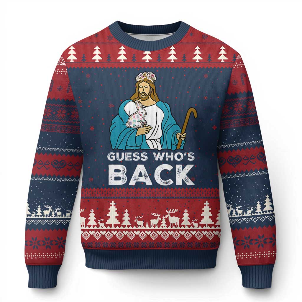 Guess Whos Back Ugly Christmas Sweater Funny Religious Jesus Back Cute Bunny TS10 Navy Red Print Your Wear