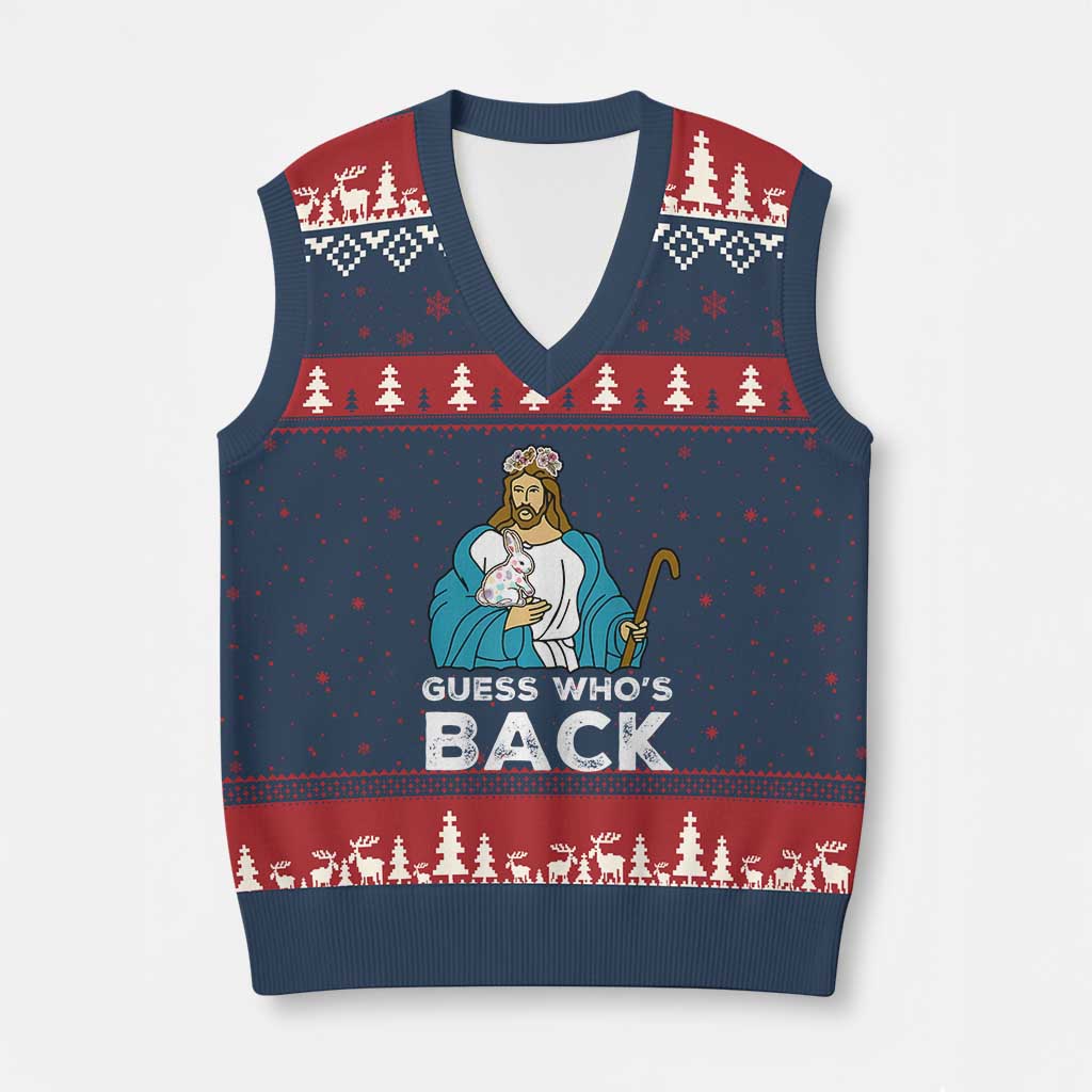 Guess Whos Back V-Neck Knit Sweater Vest Funny Religious Jesus Back Cute Bunny TS10 Navy Red Print Your Wear