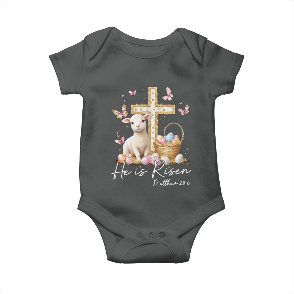He Is Risen Easter Baby Onesie Lamb Flowers Cross TS10 Dark Heather Print Your Wear