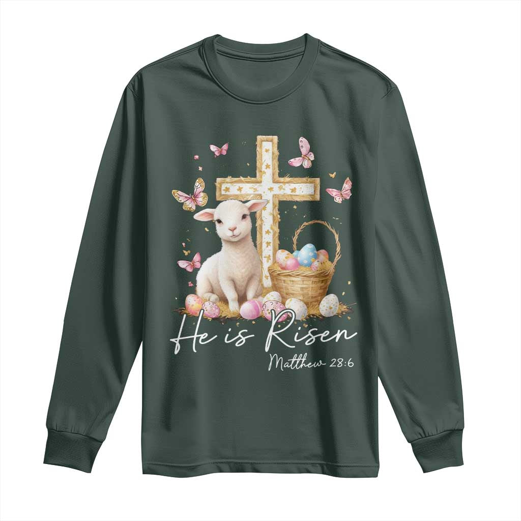 He Is Risen Easter Long Sleeve Shirt Lamb Flowers Cross TS10 Dark Forest Green Print Your Wear