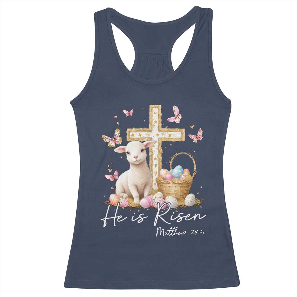 He Is Risen Easter Racerback Tank Top Lamb Flowers Cross TS10 Navy Print Your Wear