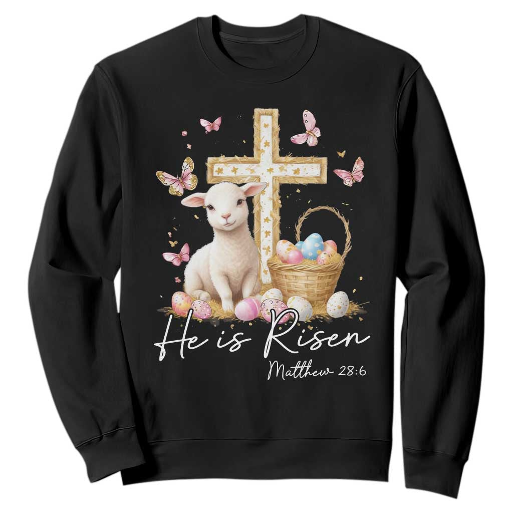 He Is Risen Easter Sweatshirt Lamb Flowers Cross TS10 Black Print Your Wear