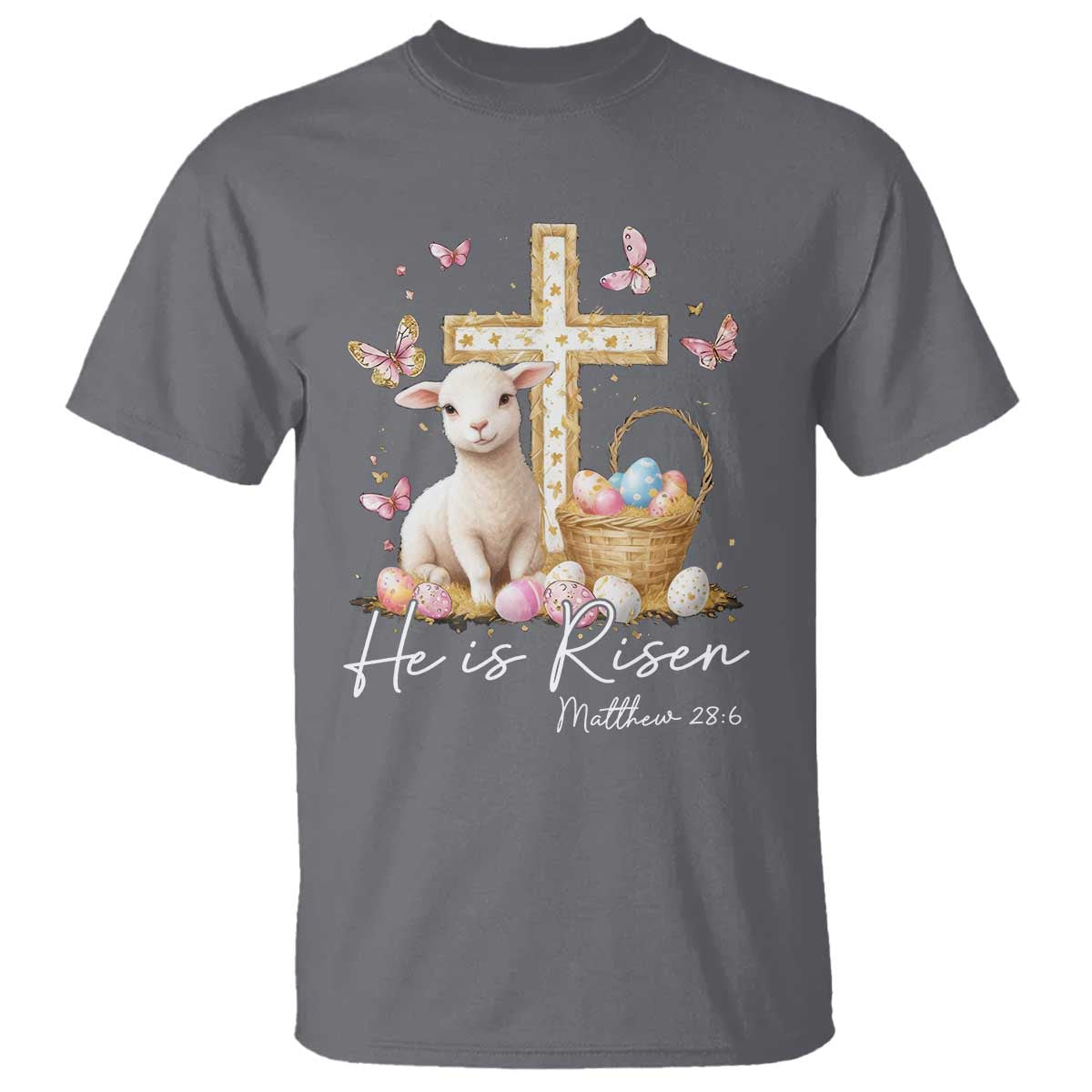 He Is Risen Easter T Shirt Lamb Flowers Cross TS10 Charcoal Print Your Wear