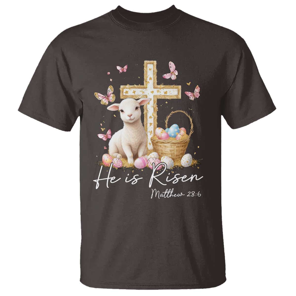 He Is Risen Easter T Shirt Lamb Flowers Cross TS10 Dark Chocolate Print Your Wear