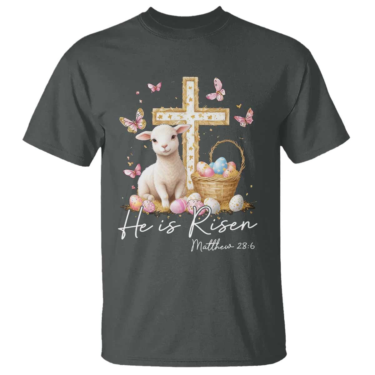 He Is Risen Easter T Shirt Lamb Flowers Cross TS10 Dark Heather Print Your Wear