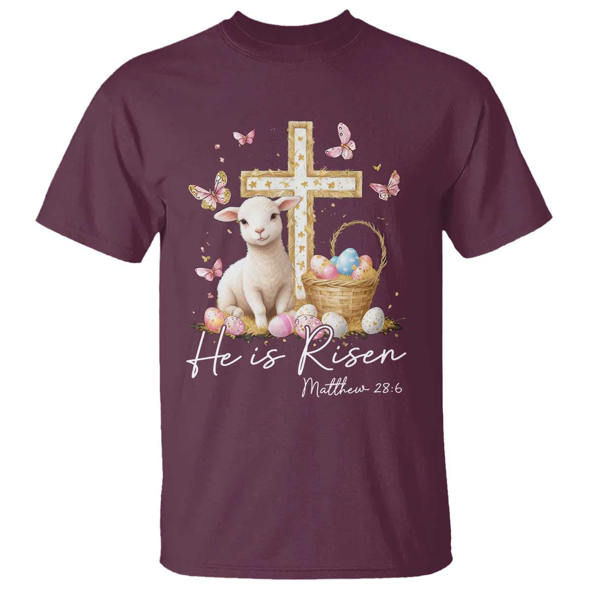 He Is Risen Easter T Shirt Lamb Flowers Cross TS10 Maroon Print Your Wear