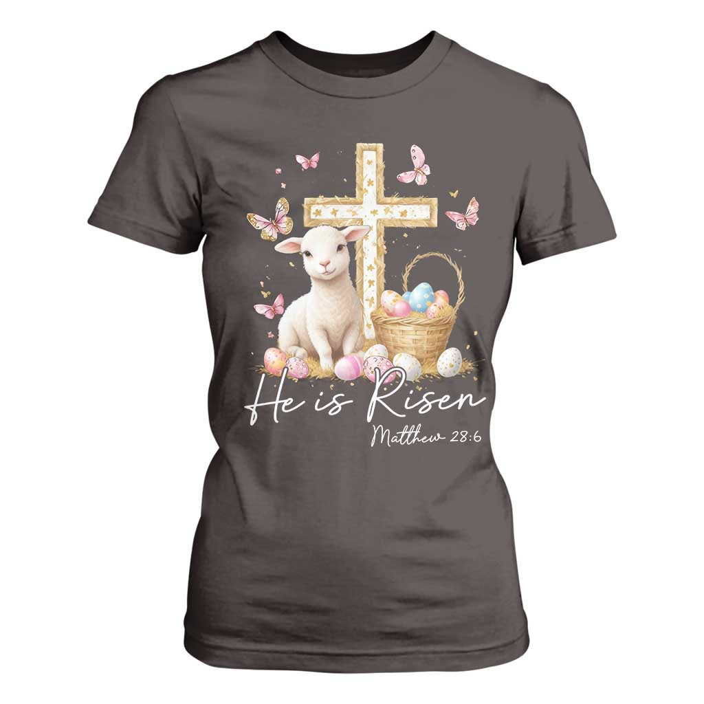 He Is Risen Easter T Shirt For Women Lamb Flowers Cross TS10 Dark Chocolate Print Your Wear