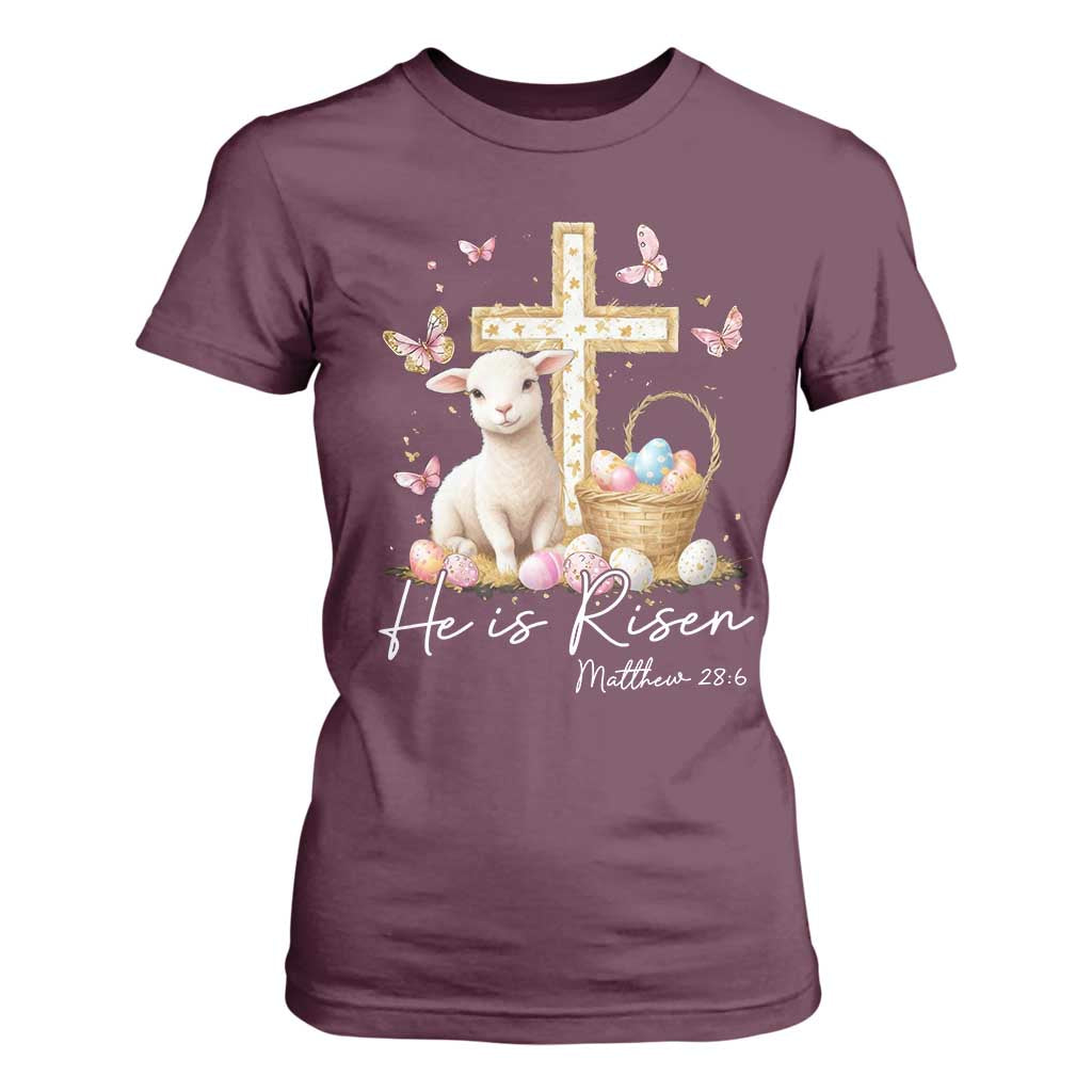 He Is Risen Easter T Shirt For Women Lamb Flowers Cross TS10 Maroon Print Your Wear