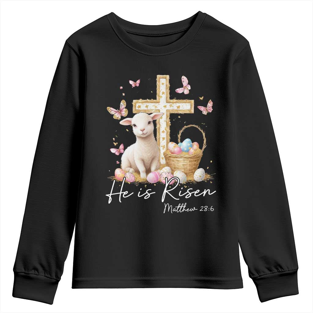 He Is Risen Easter Youth Sweatshirt Lamb Flowers Cross TS10 Black Print Your Wear