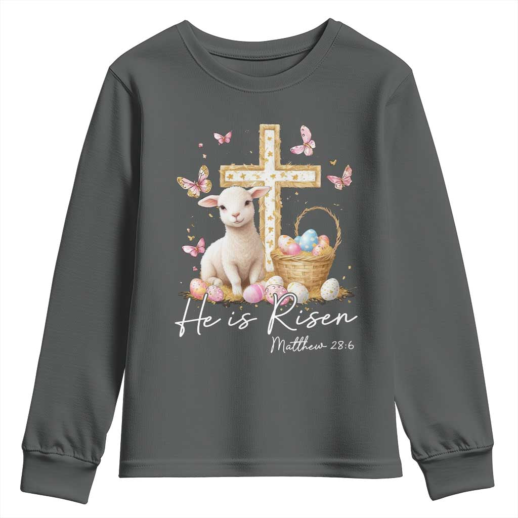 He Is Risen Easter Youth Sweatshirt Lamb Flowers Cross TS10 Dark Heather Print Your Wear