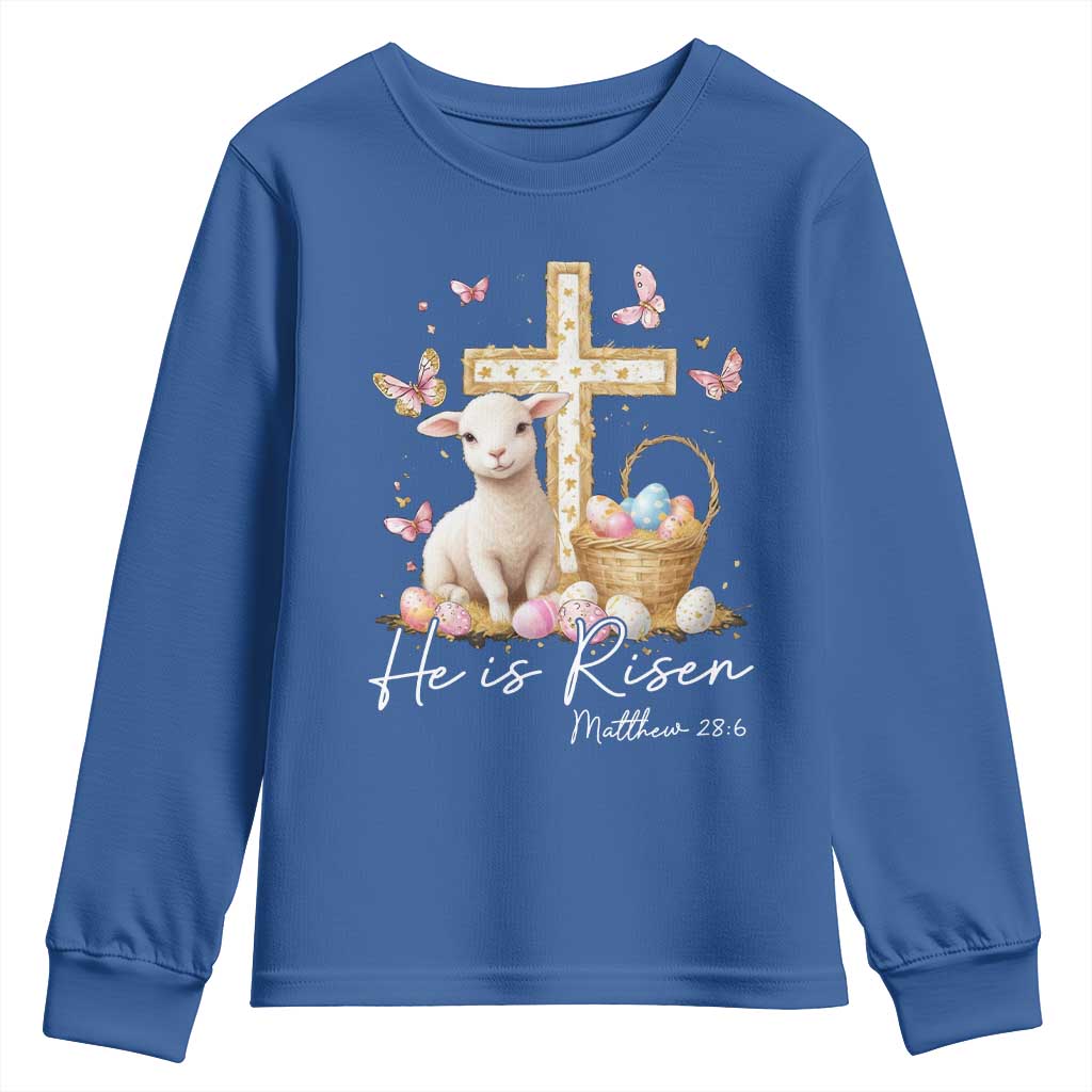 He Is Risen Easter Youth Sweatshirt Lamb Flowers Cross TS10 Royal Blue Print Your Wear
