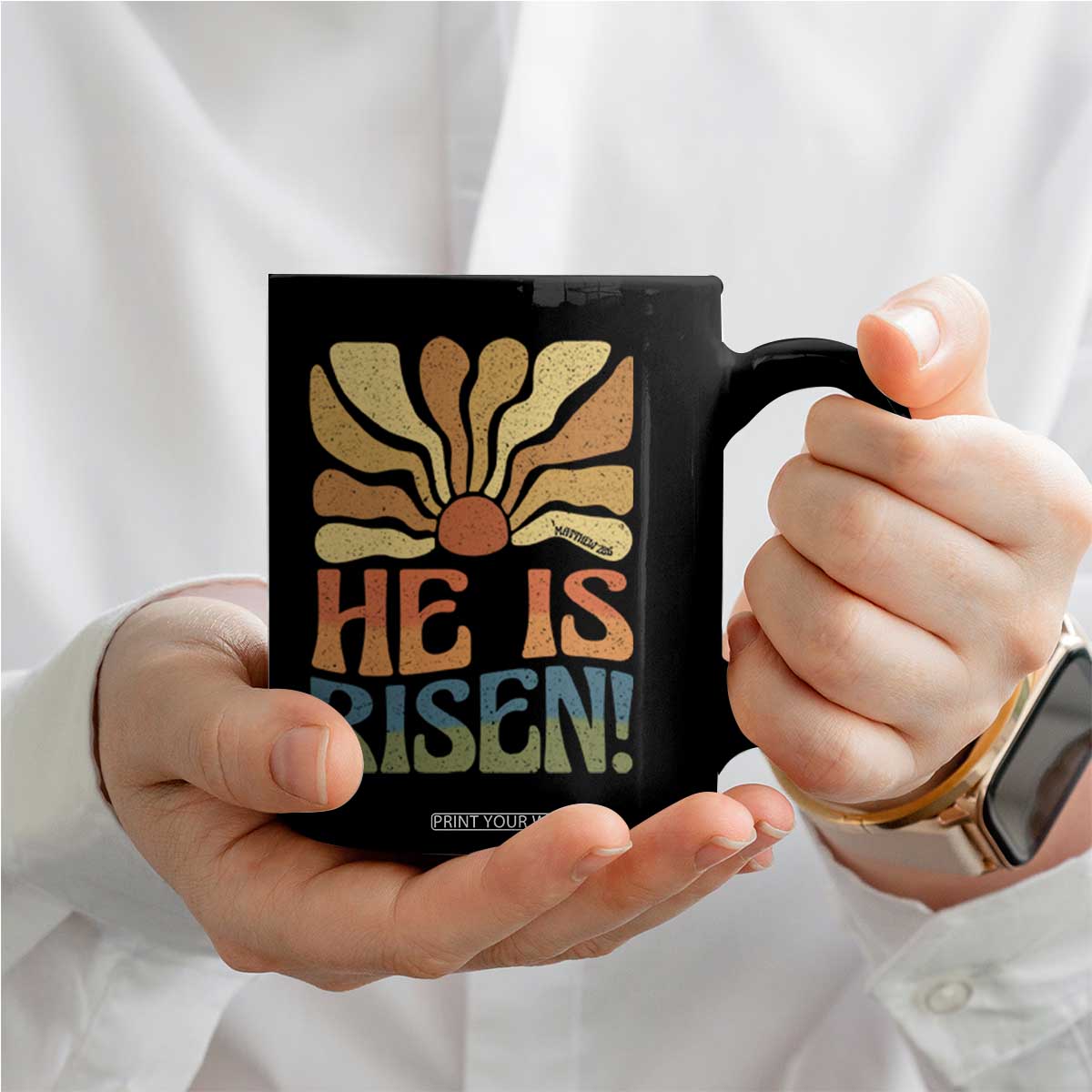 Retro Easter Coffee Mug Jesus He is Risen Matthew 28:6 Bible Verse Kids TS10 Print Your Wear