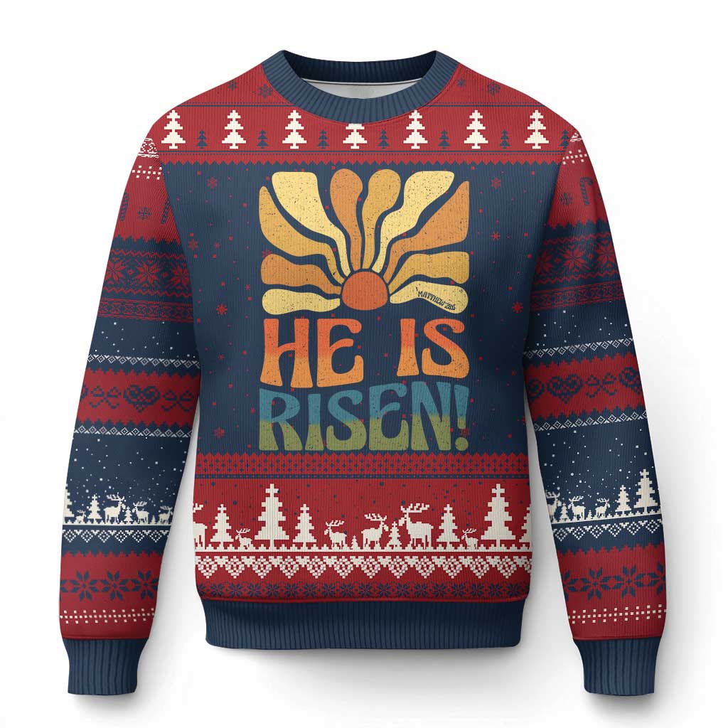 Retro Easter Ugly Christmas Sweater Jesus He is Risen Matthew 28:6 Bible Verse Kids TS10 Navy Red Print Your Wear
