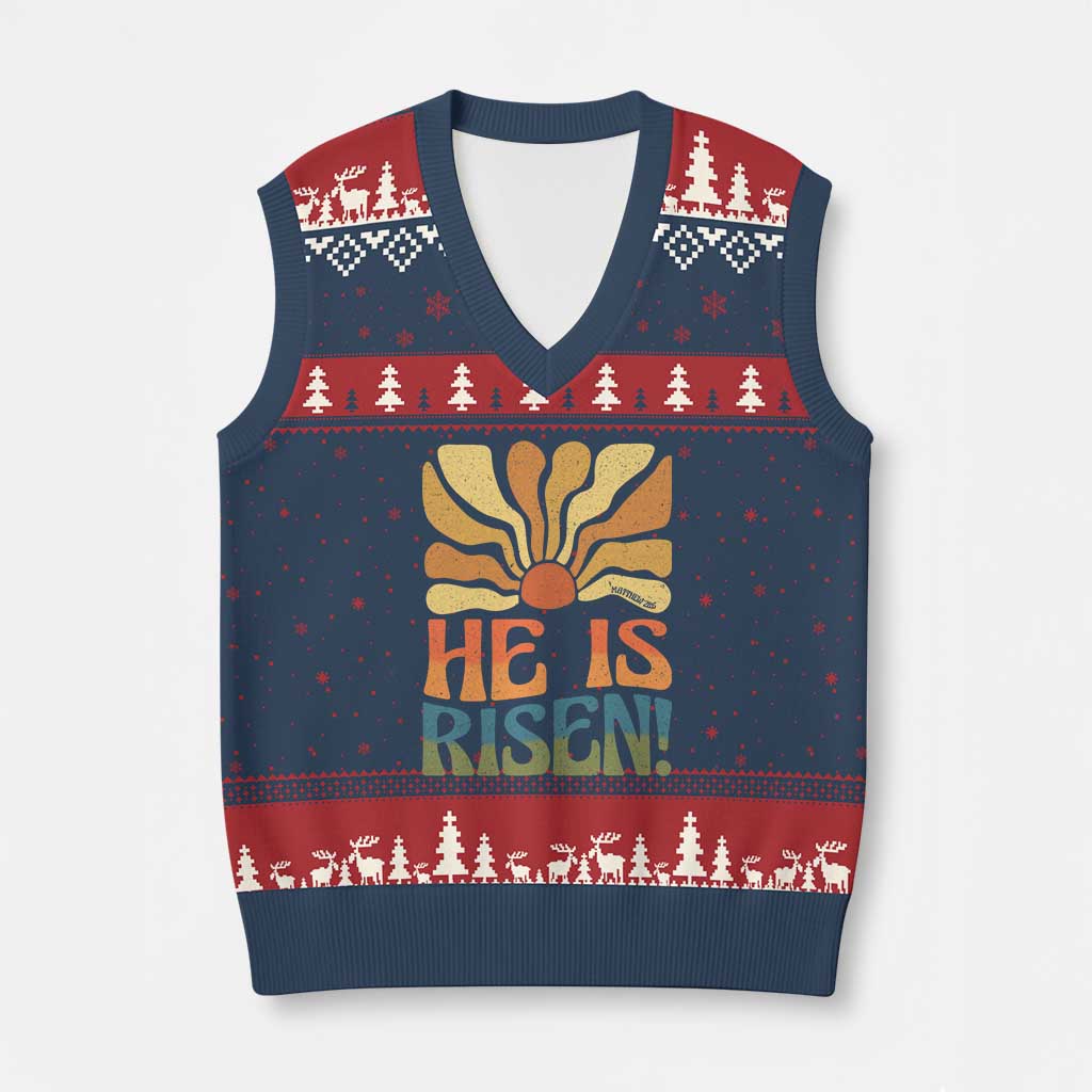 Retro Easter V-Neck Knit Sweater Vest Jesus He is Risen Matthew 28:6 Bible Verse Kids TS10 Navy Red Print Your Wear