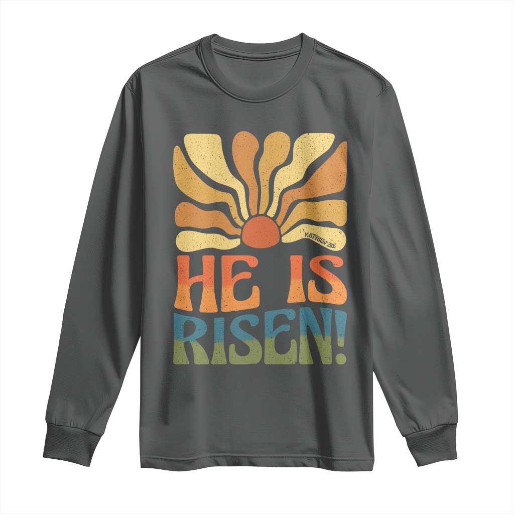 Retro Easter Long Sleeve Shirt Jesus He is Risen Matthew 28:6 Bible Verse Kids TS10 Dark Heather Print Your Wear