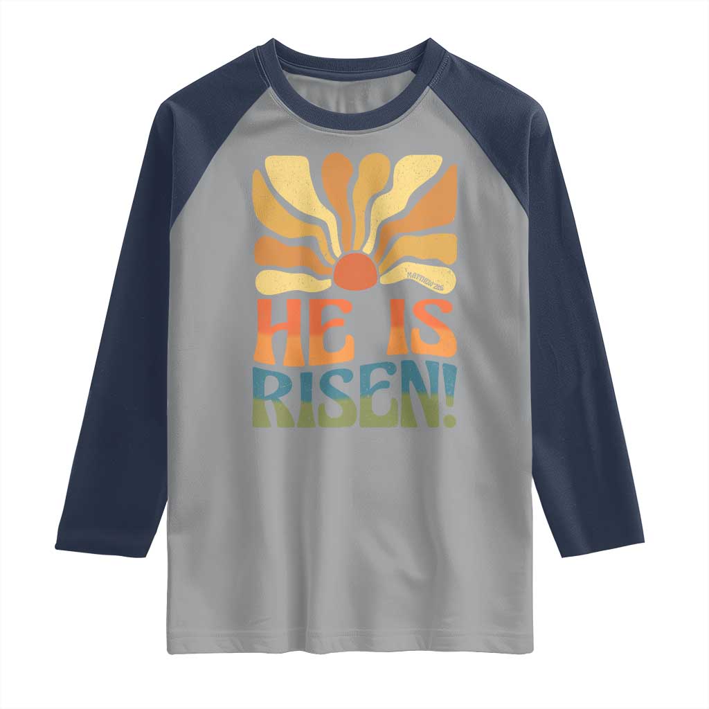 Retro Easter Raglan Shirt Jesus He is Risen Matthew 28:6 Bible Verse Kids TS10 Sport Gray Navy Print Your Wear