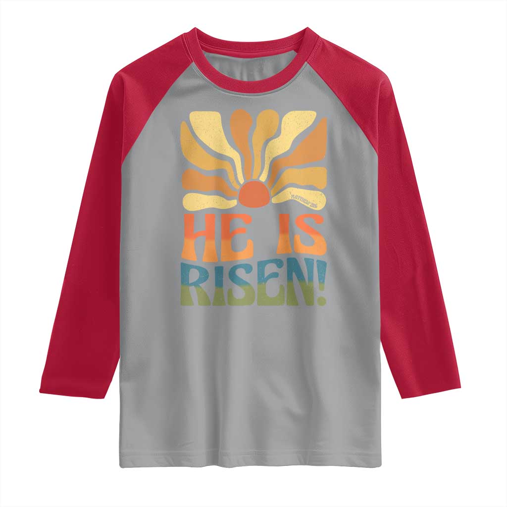 Retro Easter Raglan Shirt Jesus He is Risen Matthew 28:6 Bible Verse Kids TS10 Sport Gray Red Print Your Wear