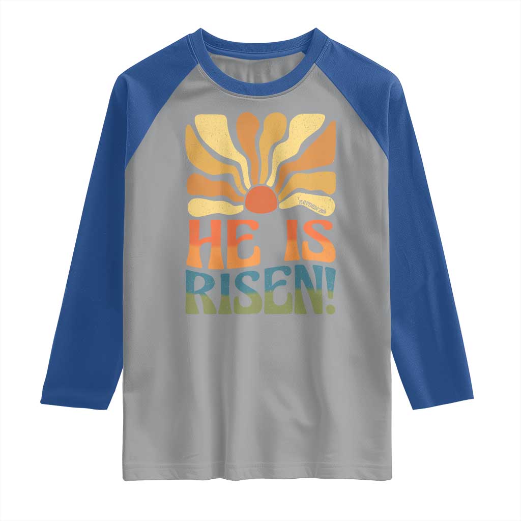 Retro Easter Raglan Shirt Jesus He is Risen Matthew 28:6 Bible Verse Kids TS10 Sport Gray Royal Print Your Wear