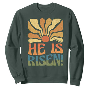 Retro Easter Sweatshirt Jesus He is Risen Matthew 28:6 Bible Verse Kids TS10 Dark Forest Green Print Your Wear