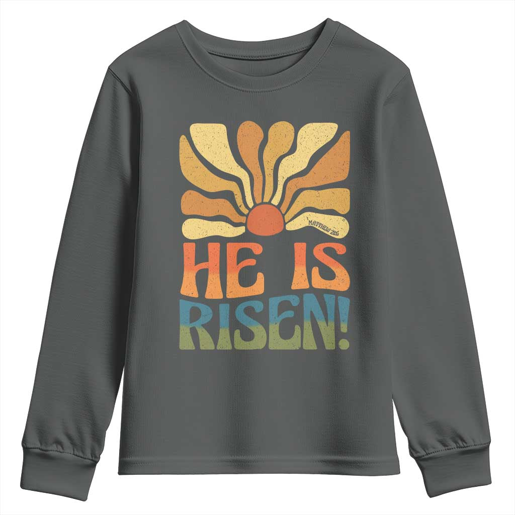 Retro Easter Youth Sweatshirt Jesus He is Risen Matthew 28:6 Bible Verse Kids TS10 Dark Heather Print Your Wear