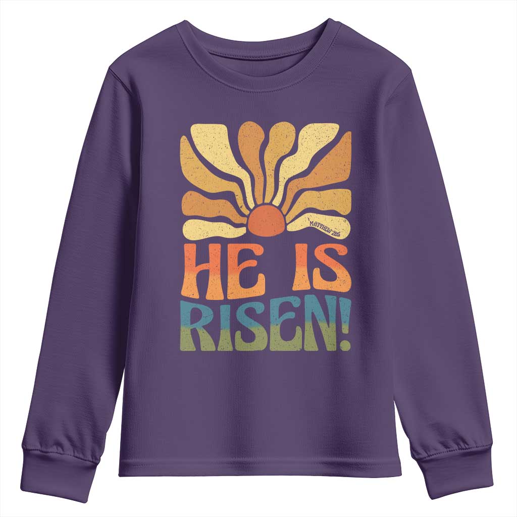 Retro Easter Youth Sweatshirt Jesus He is Risen Matthew 28:6 Bible Verse Kids TS10 Purple Print Your Wear