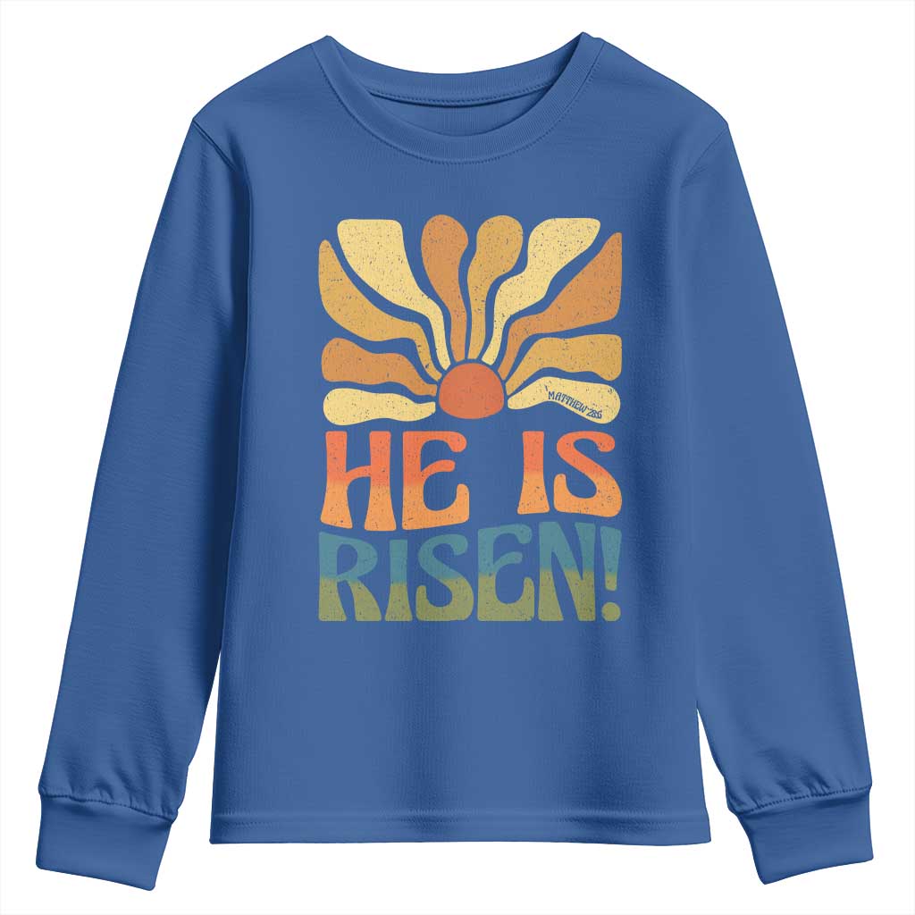 Retro Easter Youth Sweatshirt Jesus He is Risen Matthew 28:6 Bible Verse Kids TS10 Royal Blue Print Your Wear