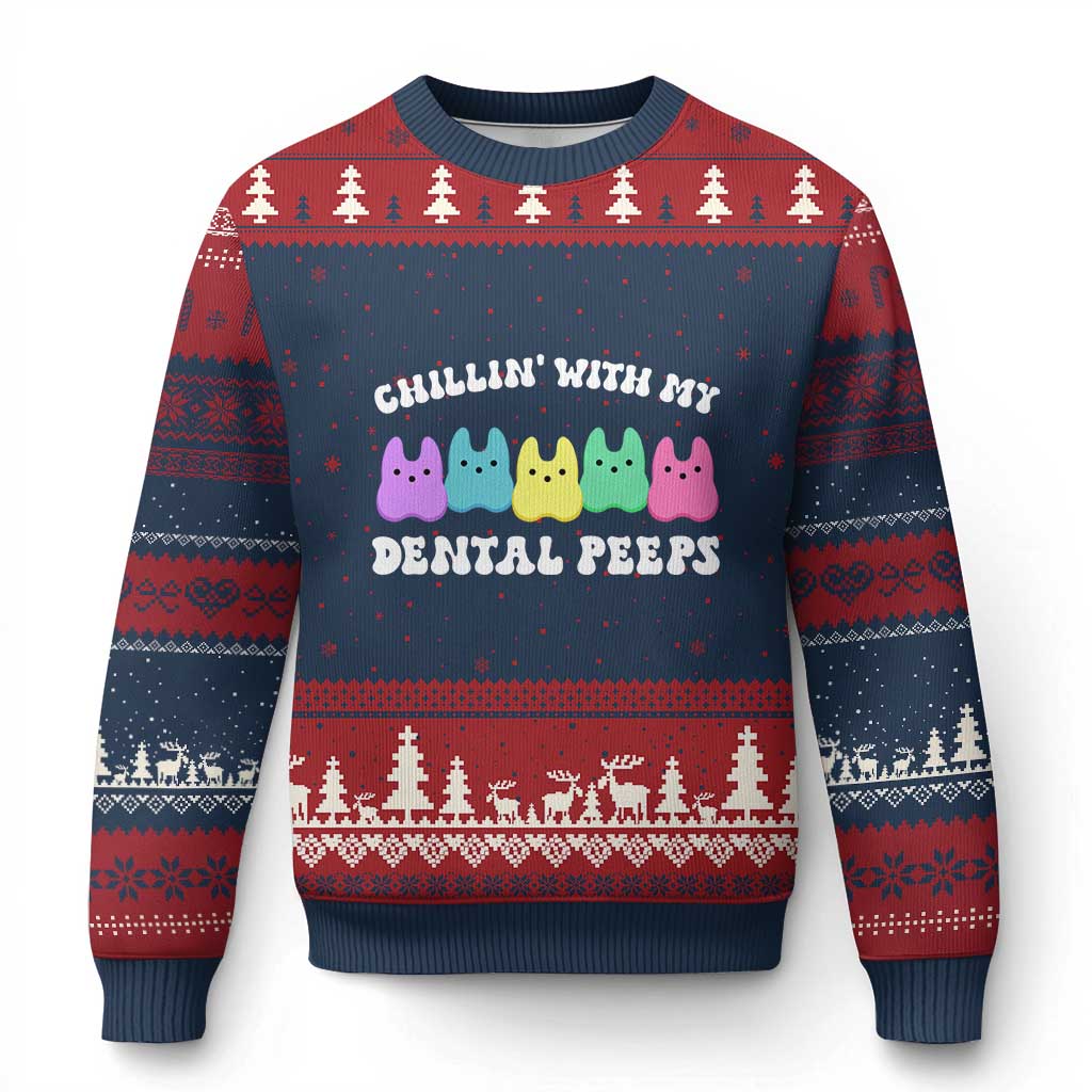 Easter Dental Bunny Ugly Christmas Sweater Chilling With My Dental Peeps TS10 Navy Red Print Your Wear