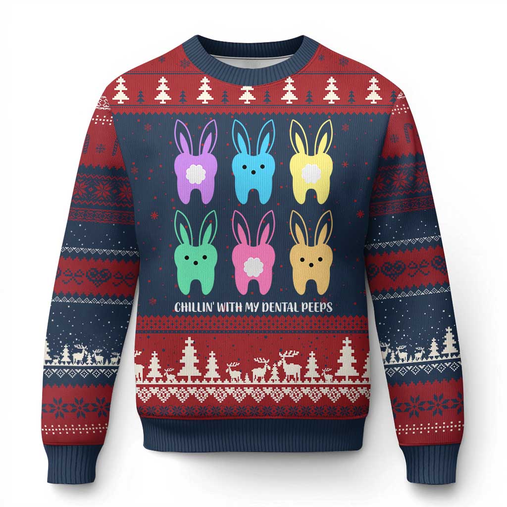 Easter Dentist Ugly Christmas Sweater Chilling With My Dental Peeps Bunny TS10 Navy Red Print Your Wear
