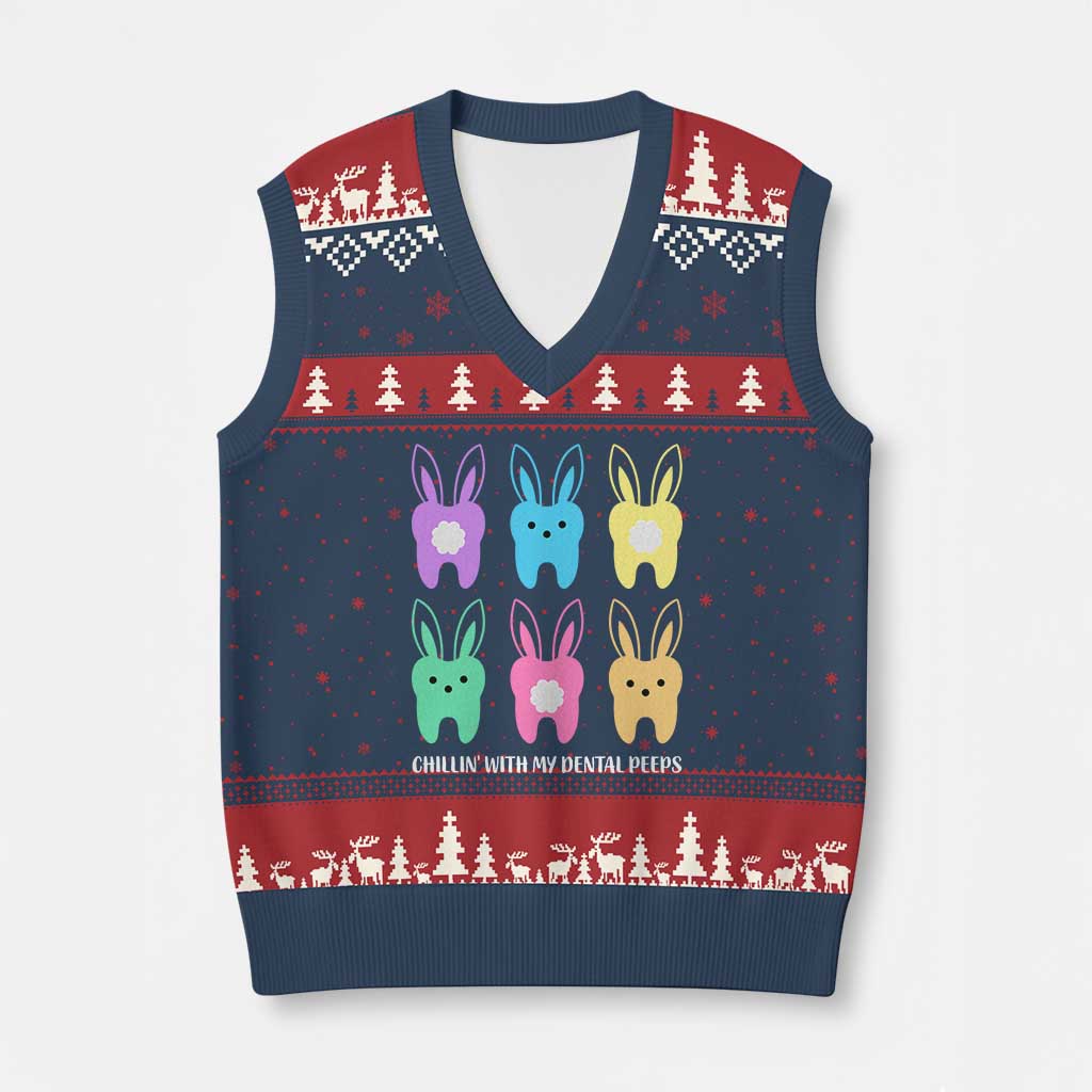 Easter Dentist V-Neck Knit Sweater Vest Chilling With My Dental Peeps Bunny TS10 Navy Red Print Your Wear