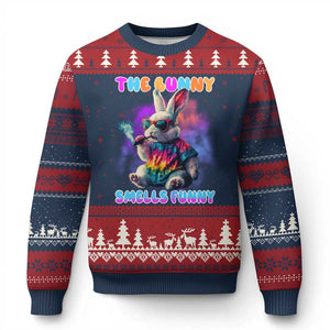 Happy 420 Easter Ugly Christmas Sweater Funny Smoking Easter Bunny Smells Funny Easter TS10 Navy Red Print Your Wear