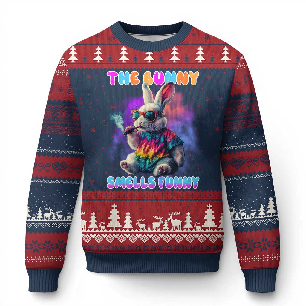 Happy 420 Easter Ugly Christmas Sweater Funny Smoking Easter Bunny Smells Funny Easter TS10 Navy Red Print Your Wear