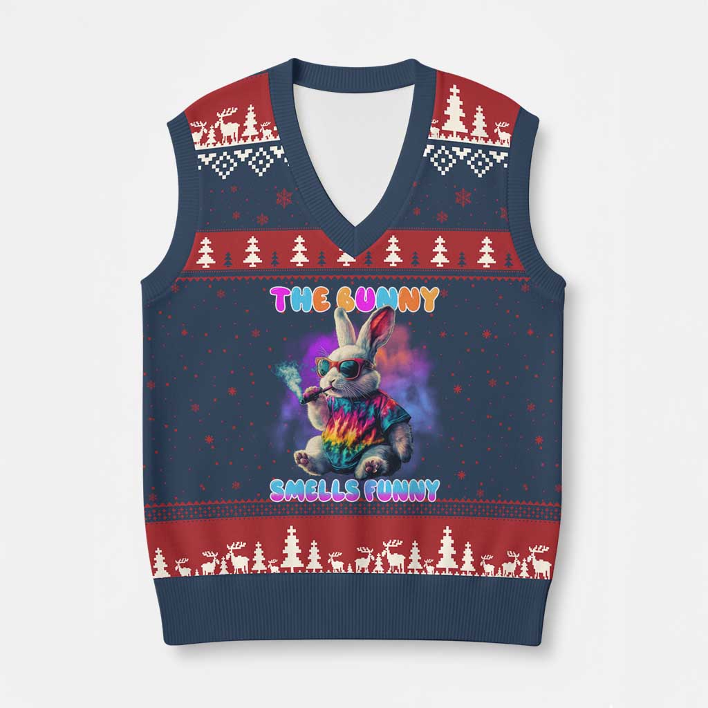 Happy 420 Easter V-Neck Knit Sweater Vest Funny Smoking Easter Bunny Smells Funny Easter TS10 Navy Red Print Your Wear