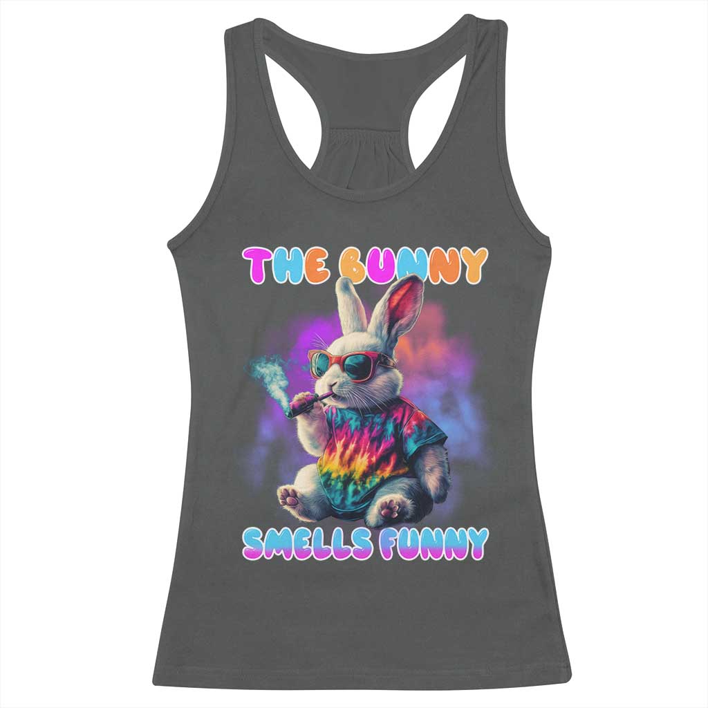 Happy 420 Easter Racerback Tank Top Funny Smoking Easter Bunny Smells Funny Easter TS10 Dark Heather Print Your Wear