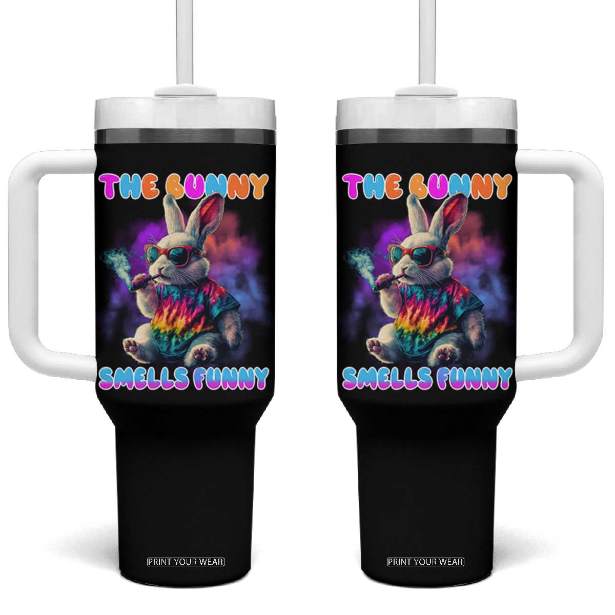 Happy 420 Easter Tumbler With Handle Funny Smoking Easter Bunny Smells Funny Easter TS10 One Size: 40 oz Black Print Your Wear