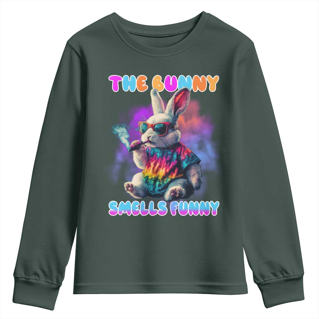 Happy 420 Easter Youth Sweatshirt Funny Smoking Easter Bunny Smells Funny Easter TS10 Dark Forest Green Print Your Wear