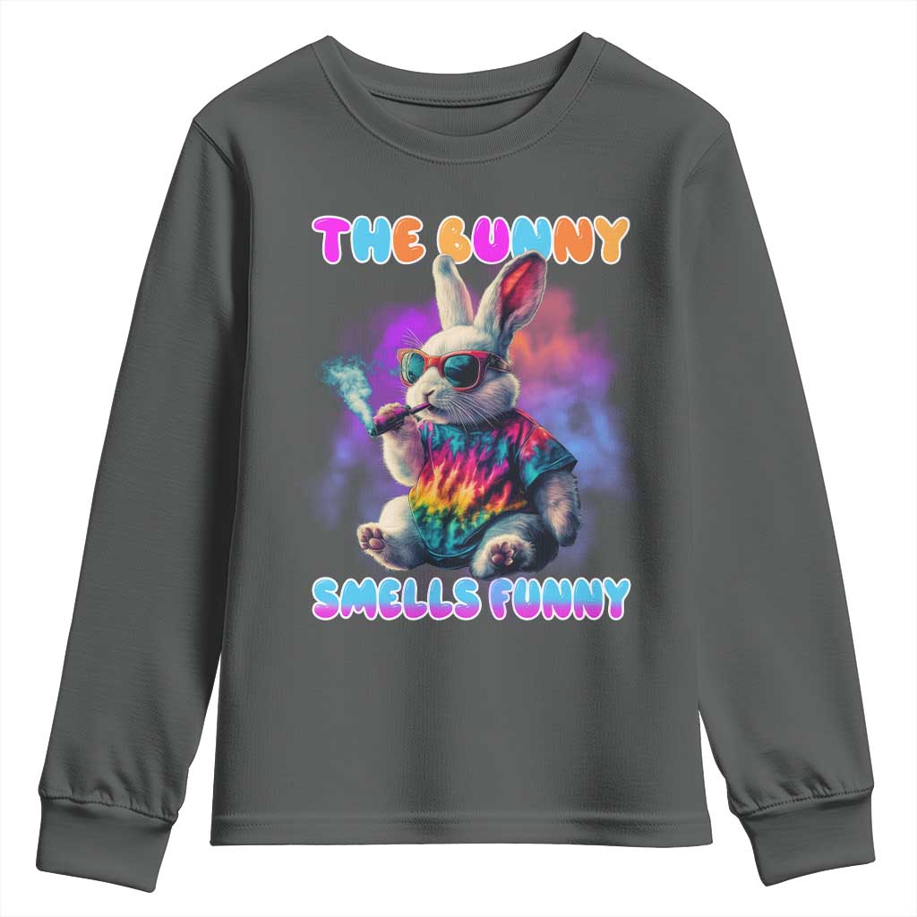 Happy 420 Easter Youth Sweatshirt Funny Smoking Easter Bunny Smells Funny Easter TS10 Dark Heather Print Your Wear