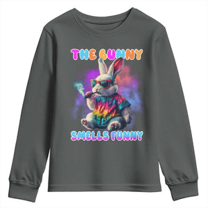 Happy 420 Easter Youth Sweatshirt Funny Smoking Easter Bunny Smells Funny Easter TS10 Dark Heather Print Your Wear