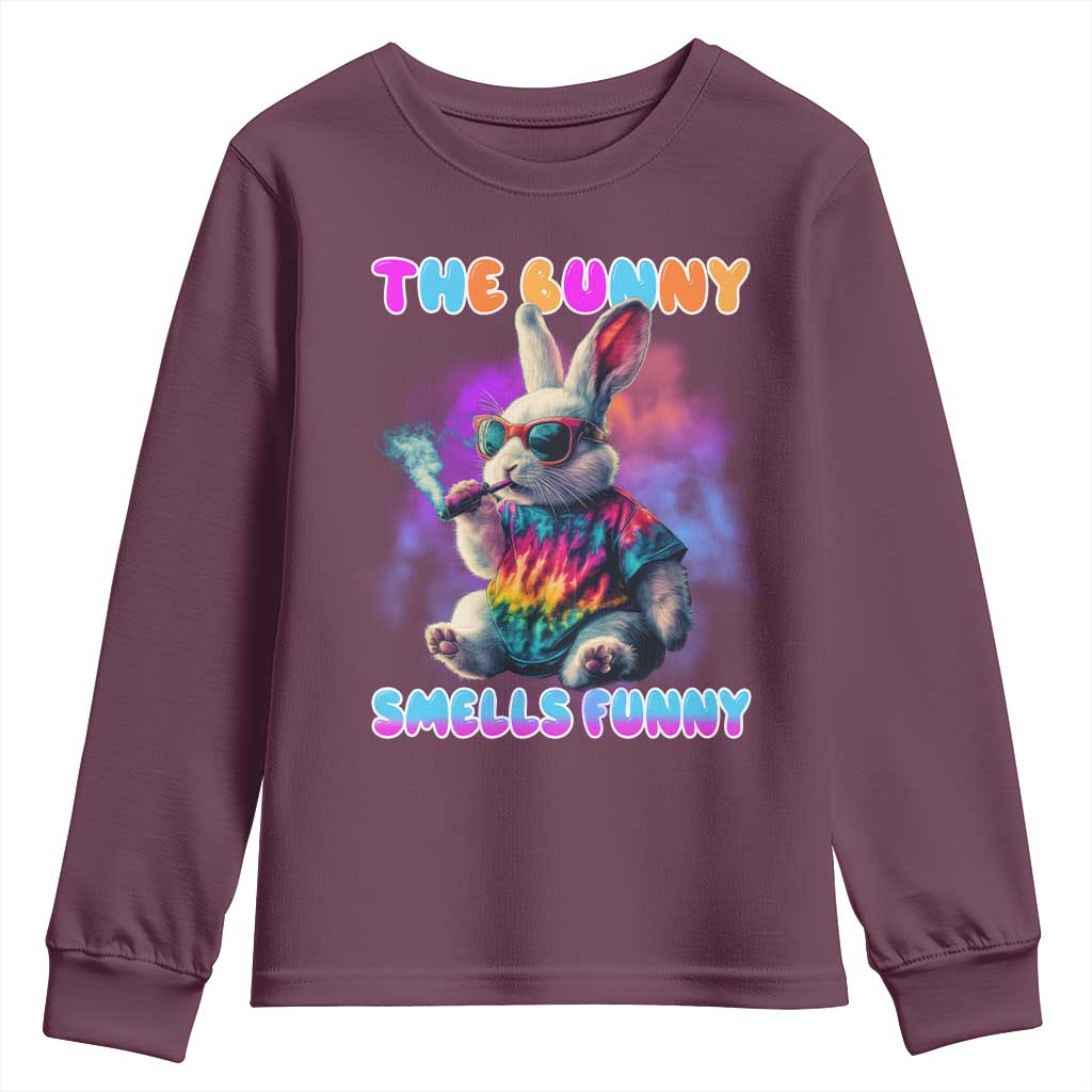 Happy 420 Easter Youth Sweatshirt Funny Smoking Easter Bunny Smells Funny Easter TS10 Maroon Print Your Wear