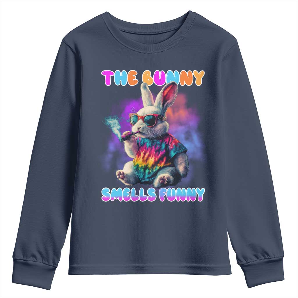 Happy 420 Easter Youth Sweatshirt Funny Smoking Easter Bunny Smells Funny Easter TS10 Navy Print Your Wear