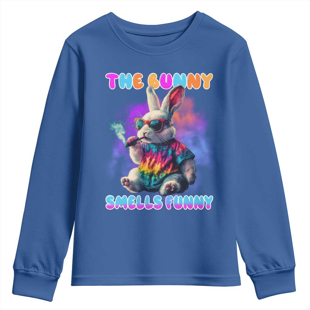 Happy 420 Easter Youth Sweatshirt Funny Smoking Easter Bunny Smells Funny Easter TS10 Royal Blue Print Your Wear