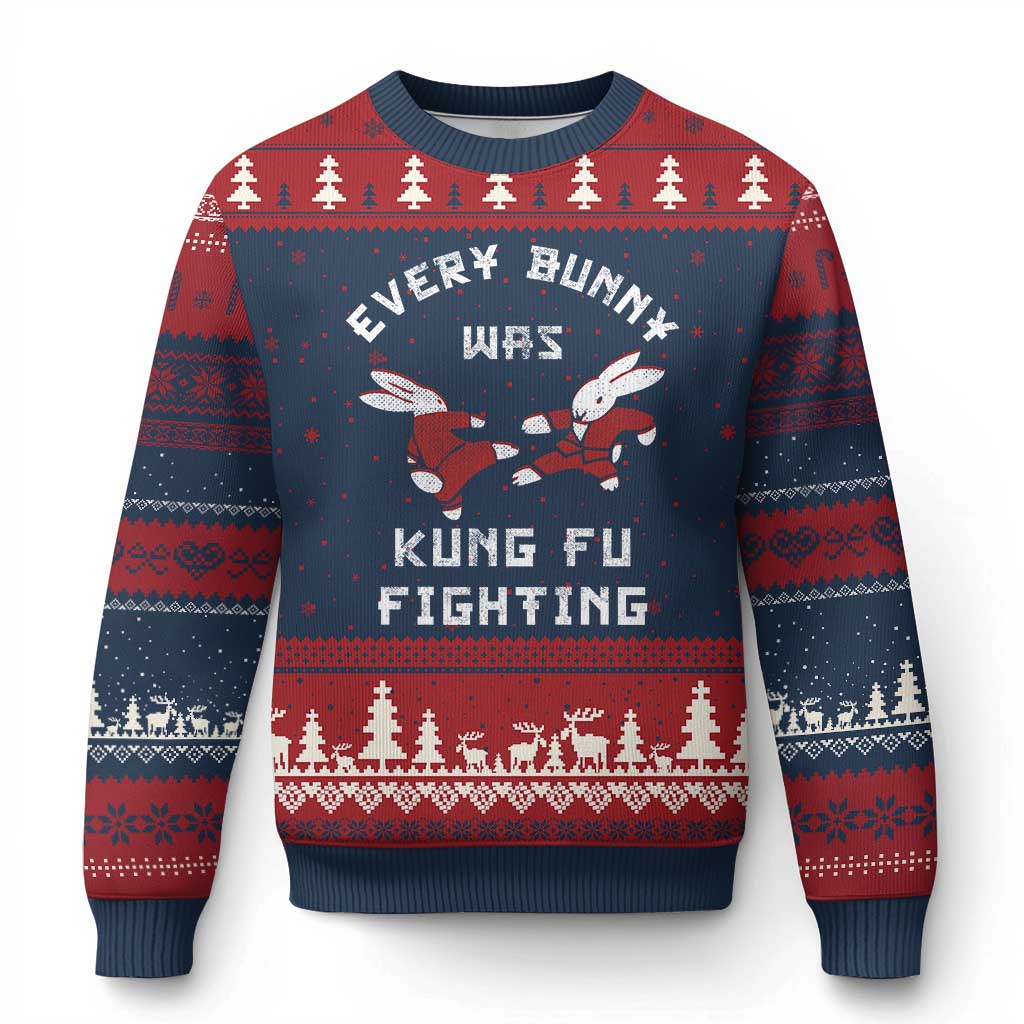 Every Bunny Was Kung Fu Fighting Ugly Christmas Sweater Funny Cool Easter Graphic TS10 Navy Red Print Your Wear