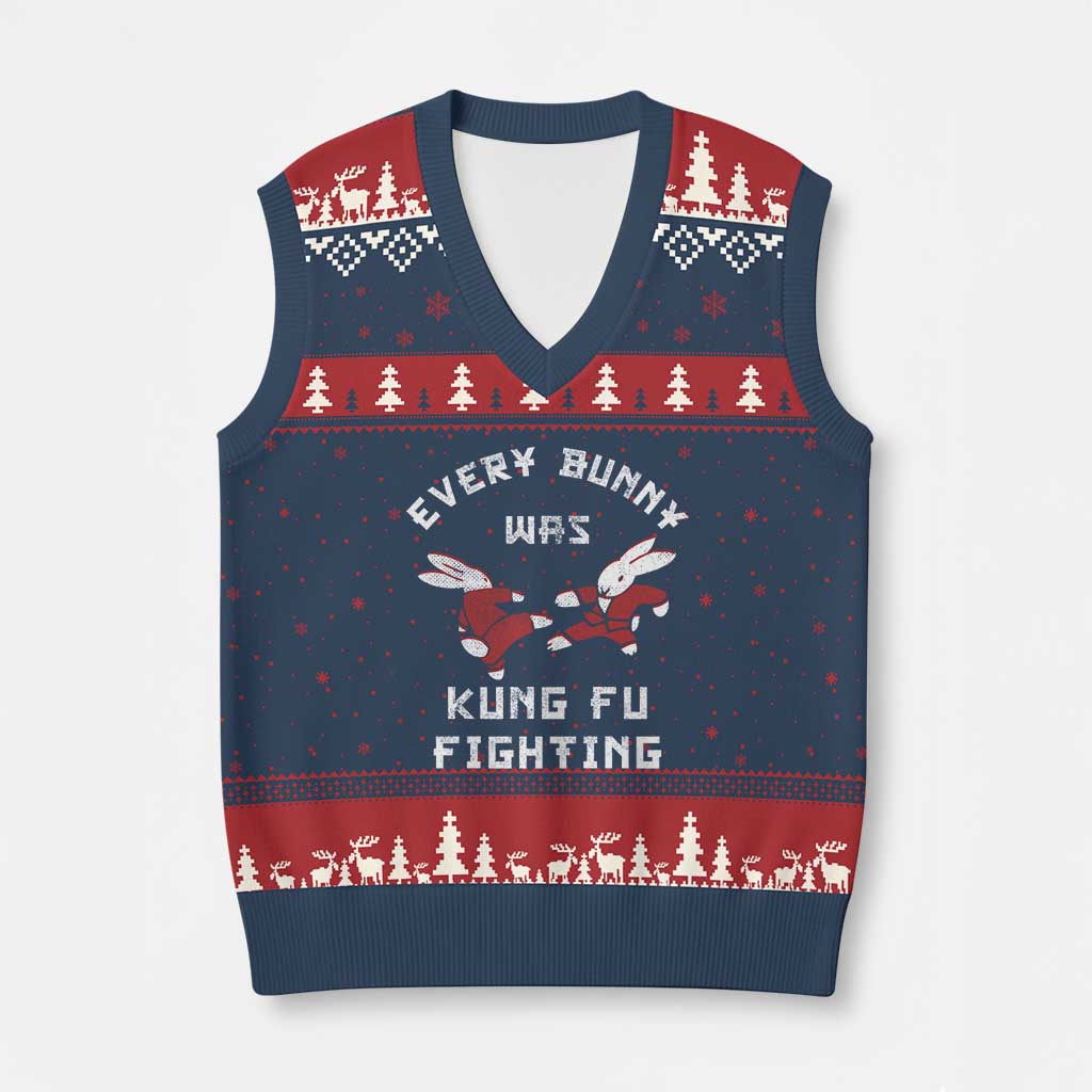 Every Bunny Was Kung Fu Fighting V-Neck Knit Sweater Vest Funny Cool Easter Graphic TS10 Navy Red Print Your Wear