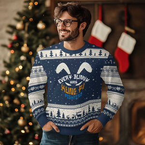 Every Bunny Was Kung Fu Fighting Ugly Christmas Sweater Funny Easter Vintage Rabbit Face TS10 Navy Beige Print Your Wear