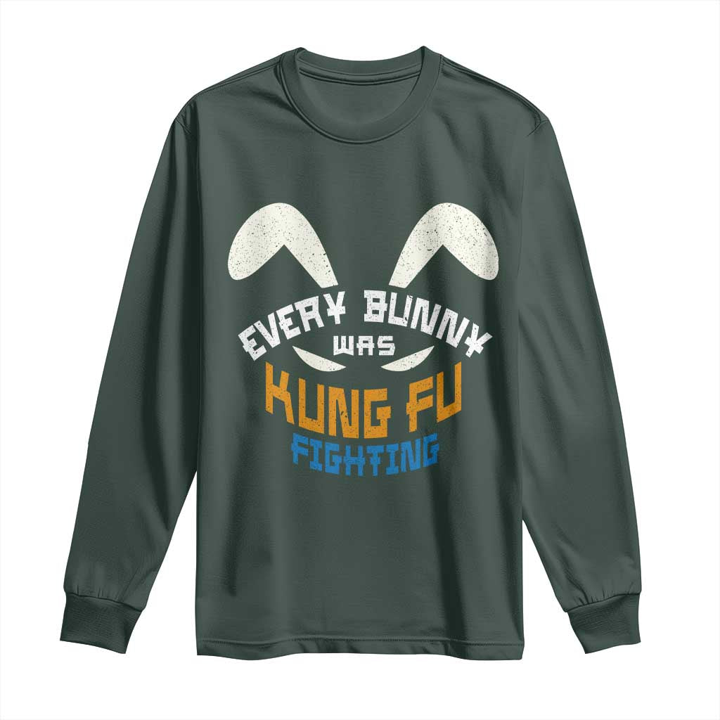 Every Bunny Was Kung Fu Fighting Long Sleeve Shirt Funny Easter Vintage Rabbit Face TS10 Dark Forest Green Print Your Wear